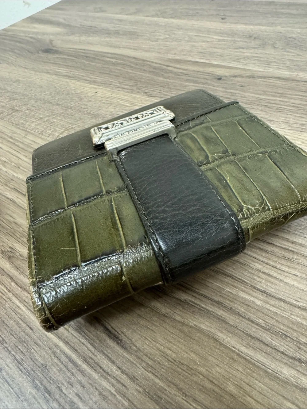 Vintage Brighton Olive Green Croc-Embossed Wallet with Silver Accent